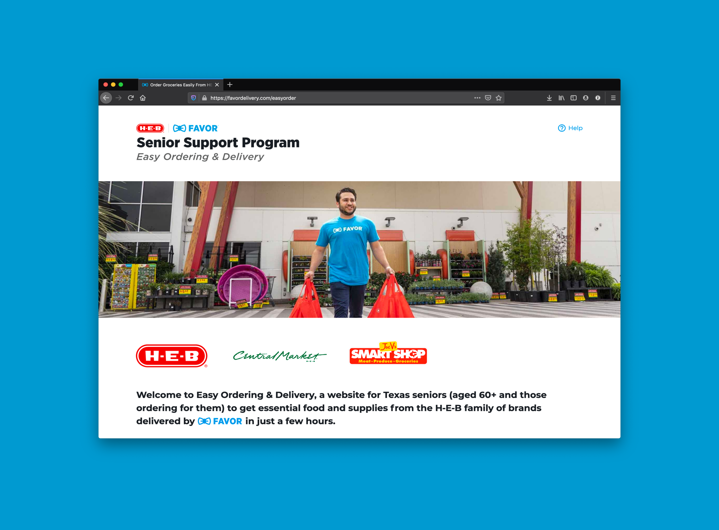 Screenshot of a webpage titled 'Senior Support Program' from a delivery service for Texas seniors, showing a man in a blue shirt holding red grocery bags in front of a store, with shelves of products and store branding visible.