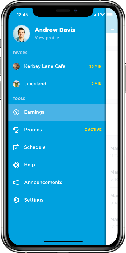 Mobile app interface showing a user's profile page with navigation menu including options like Earnings, Promos, Schedule, Help, Announcements, and Settings.