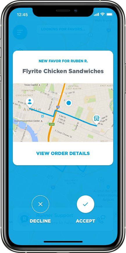 Mobile app screen showing a delivery route map for Flyrite Chicken Sandwiches in Austin, with options to decline or accept the order.