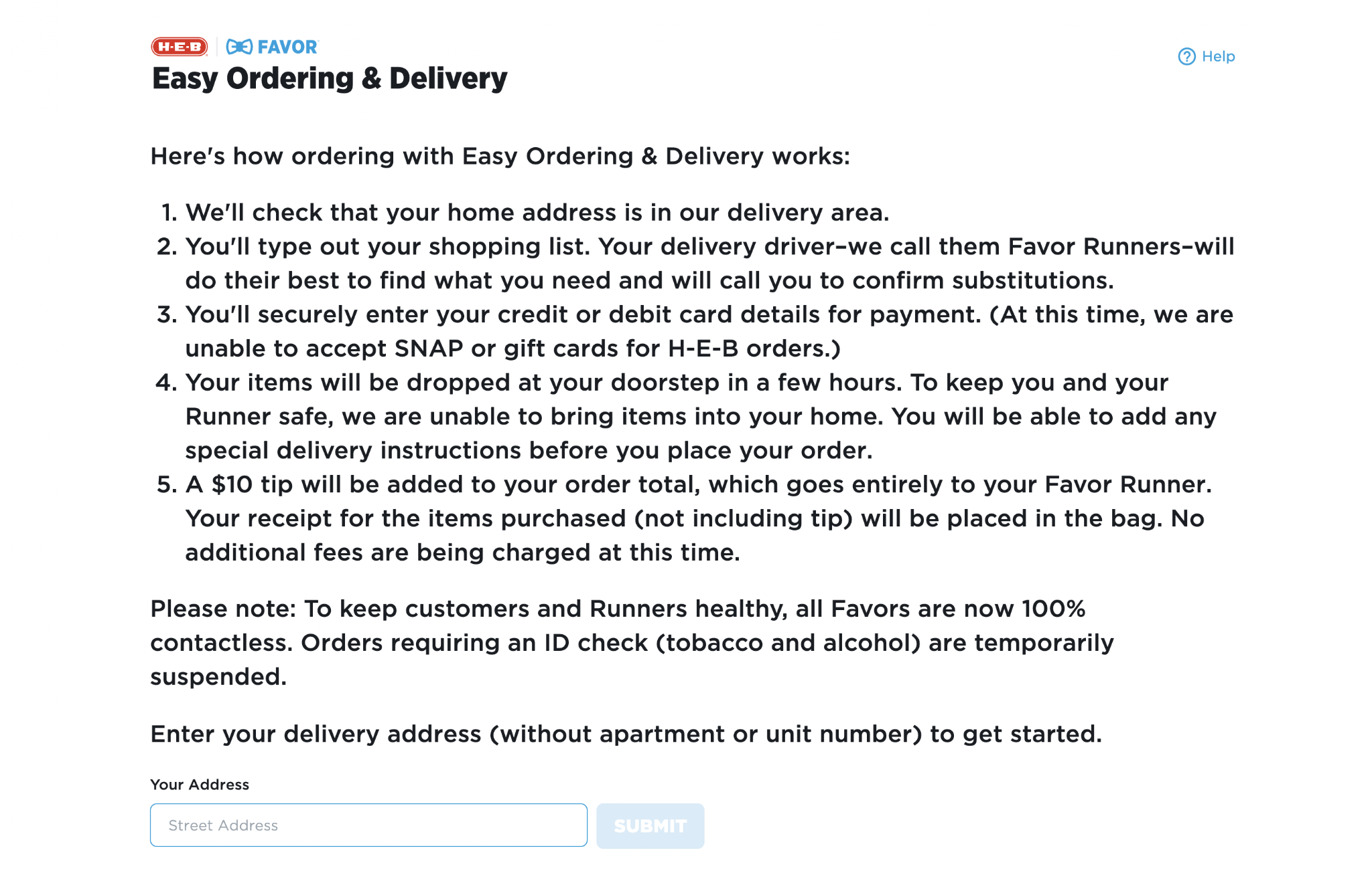 Screenshot of a webpage providing instructions for easy ordering and delivery from H-E-B Favor. It details steps for entering a delivery address, shopping list, making payment, and receiving items at your doorstep, with a note on contactless delivery and ID checks.