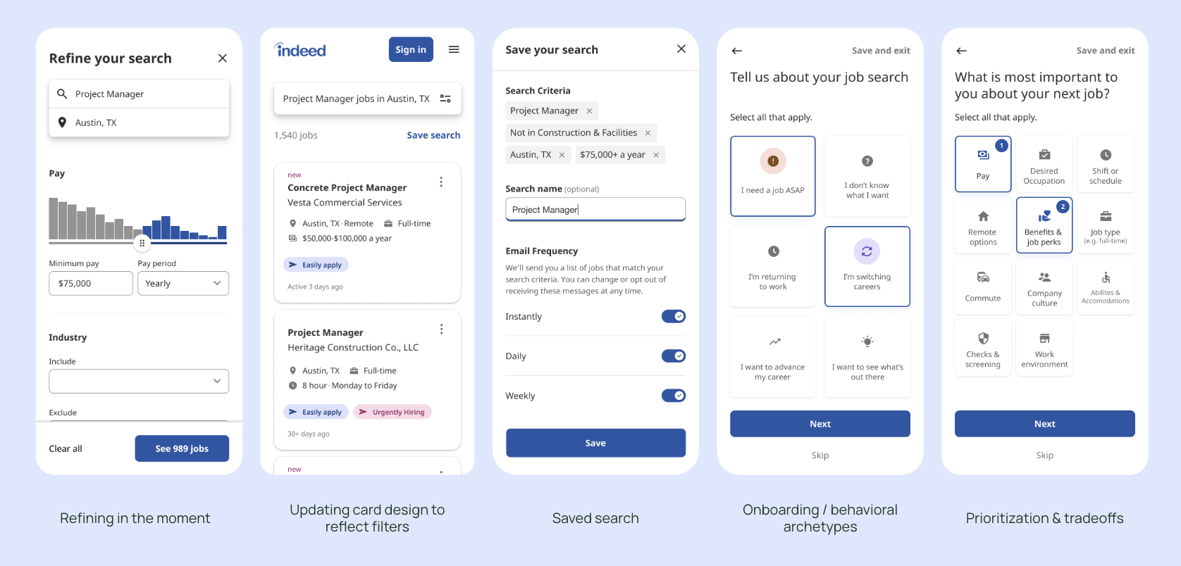 Series of four mobile app screens showing job search and career planning steps: 1) refining search filters for project manager jobs in Austin, TX; 2) saving search with filters and recent job listings; 3) onboarding questions about job priorities and career goals; 4) prioritization options for job search trade-offs.