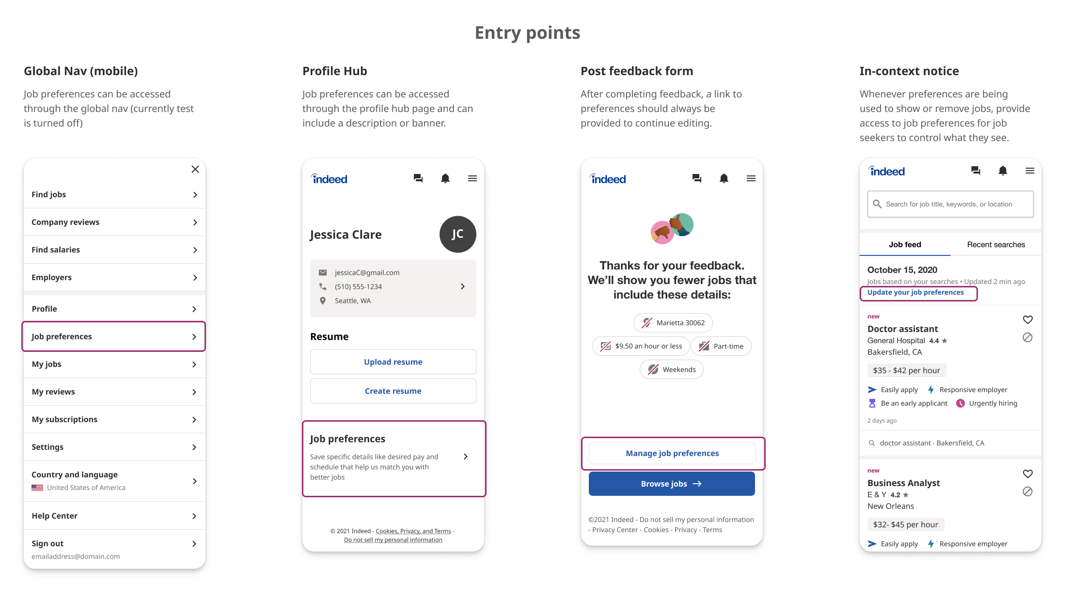 Screenshot of a webpage showing different sections related to job preferences, including a mobile preview of the Indeed app, with options to manage job preferences, browse jobs, and view recent searches.