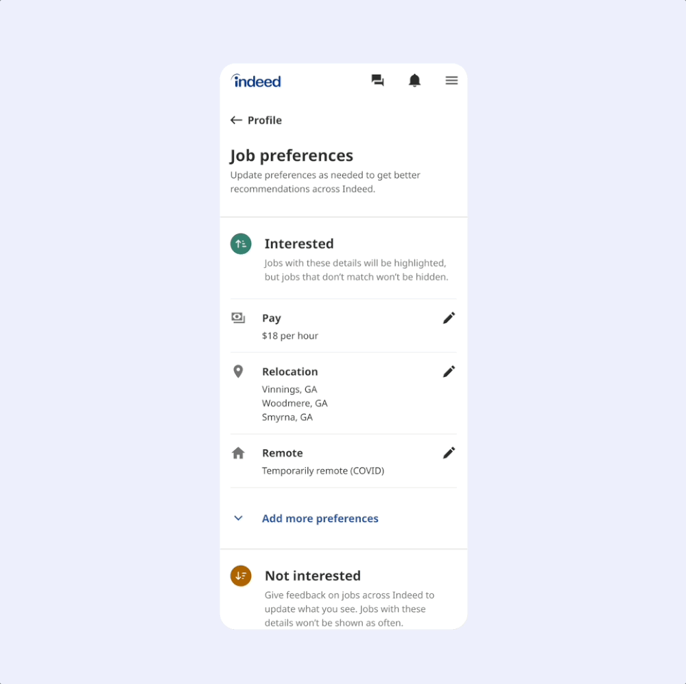 Screenshot of a mobile app displaying job preferences on Indeed, showing sections for 'Interested' and 'Not interested' with details on pay, relocation, and remote work.