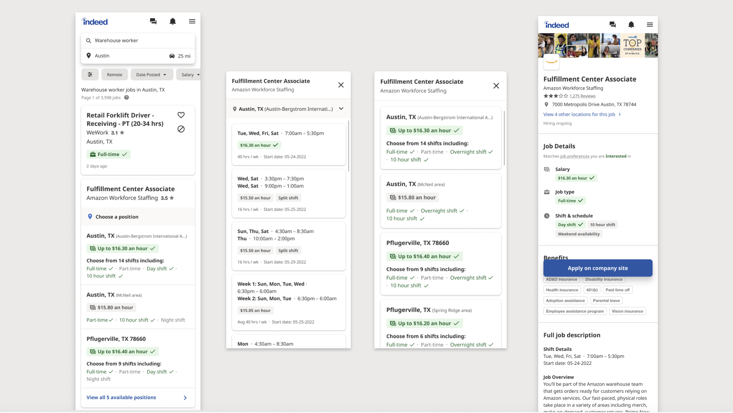 Screens from a project for high-volume hiring (job roll-ups): helping job seekers understand the differences in positions from companies posting many similar roles simultaneously. These designs informed multiple updates and experiments with the job s