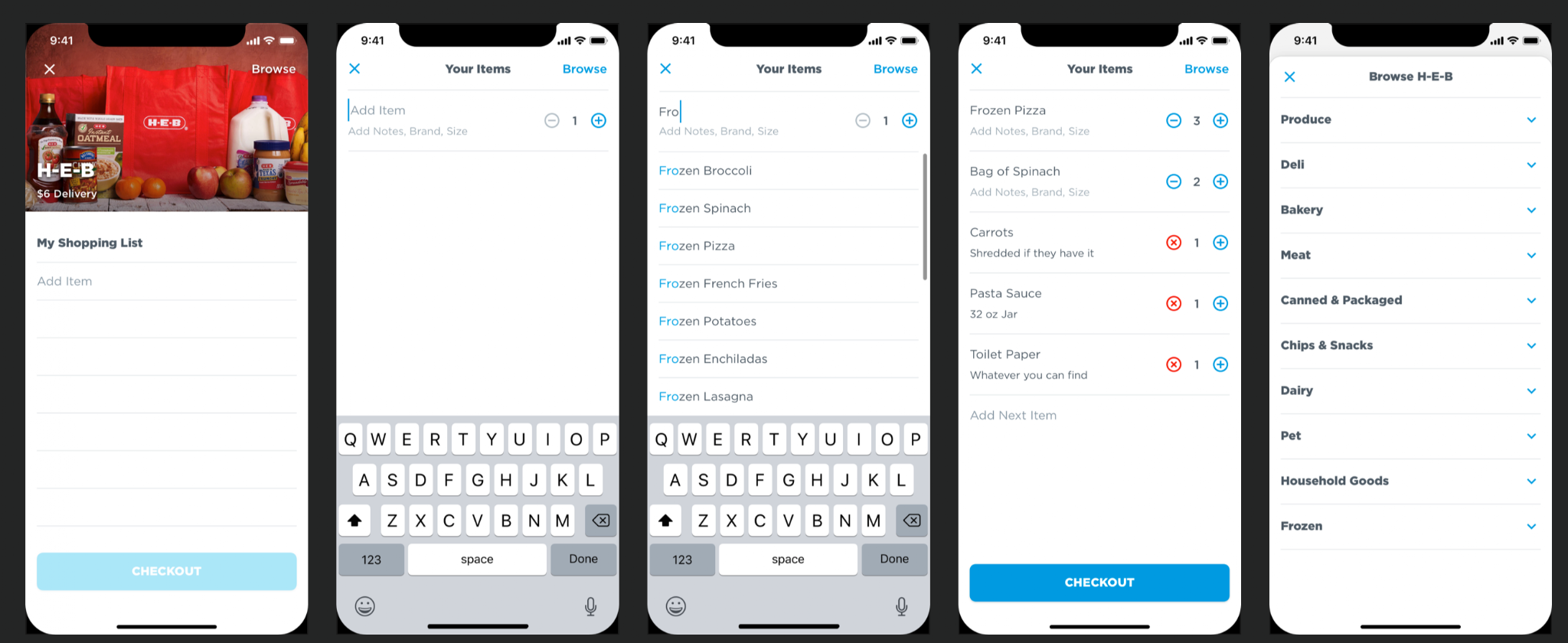 Screenshots of a grocery shopping app with a search bar, grocery list, and categorized grocery items, including frozen vegetables, pizza, and household essentials.