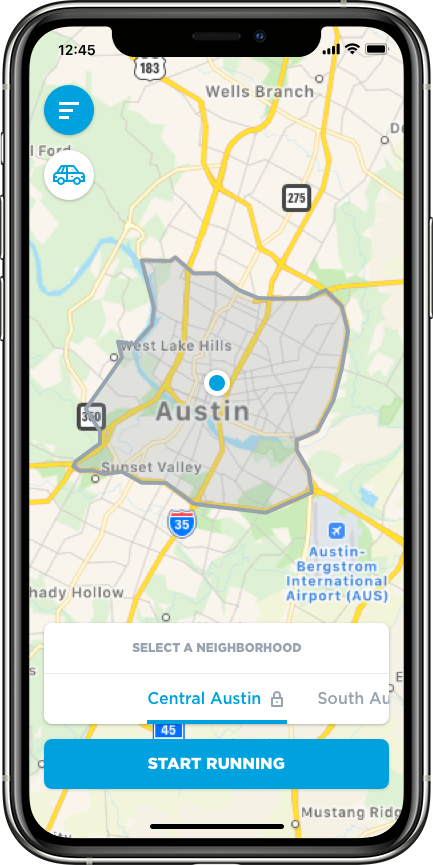 A map of Austin, Texas displayed on a smartphone with options to select neighborhoods and start a running activity.