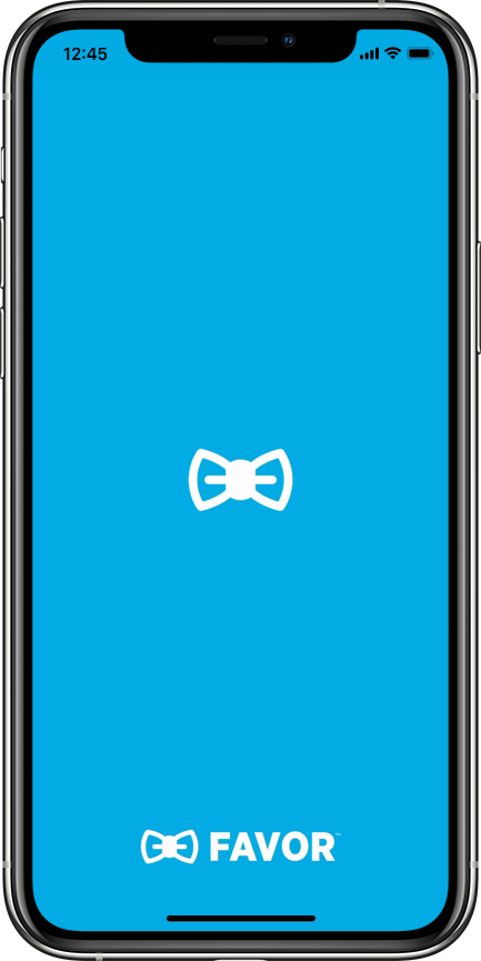Smartphone displaying the FAVOR app logo with a blue background and a white bowtie icon. GIF shows scrolling through the app homepage.