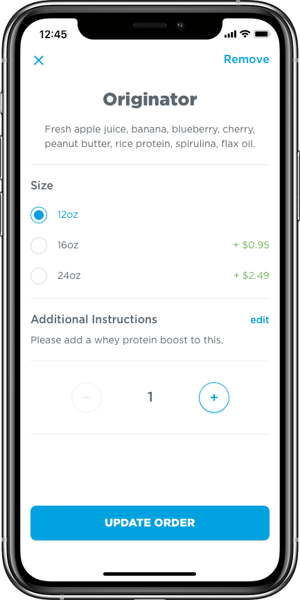 Mobile order screen for a smoothie with ingredients like apple juice, banana, blueberry, cherry, peanut butter, rice protein, spirulina, and flax oil, with options for size and additional instructions.