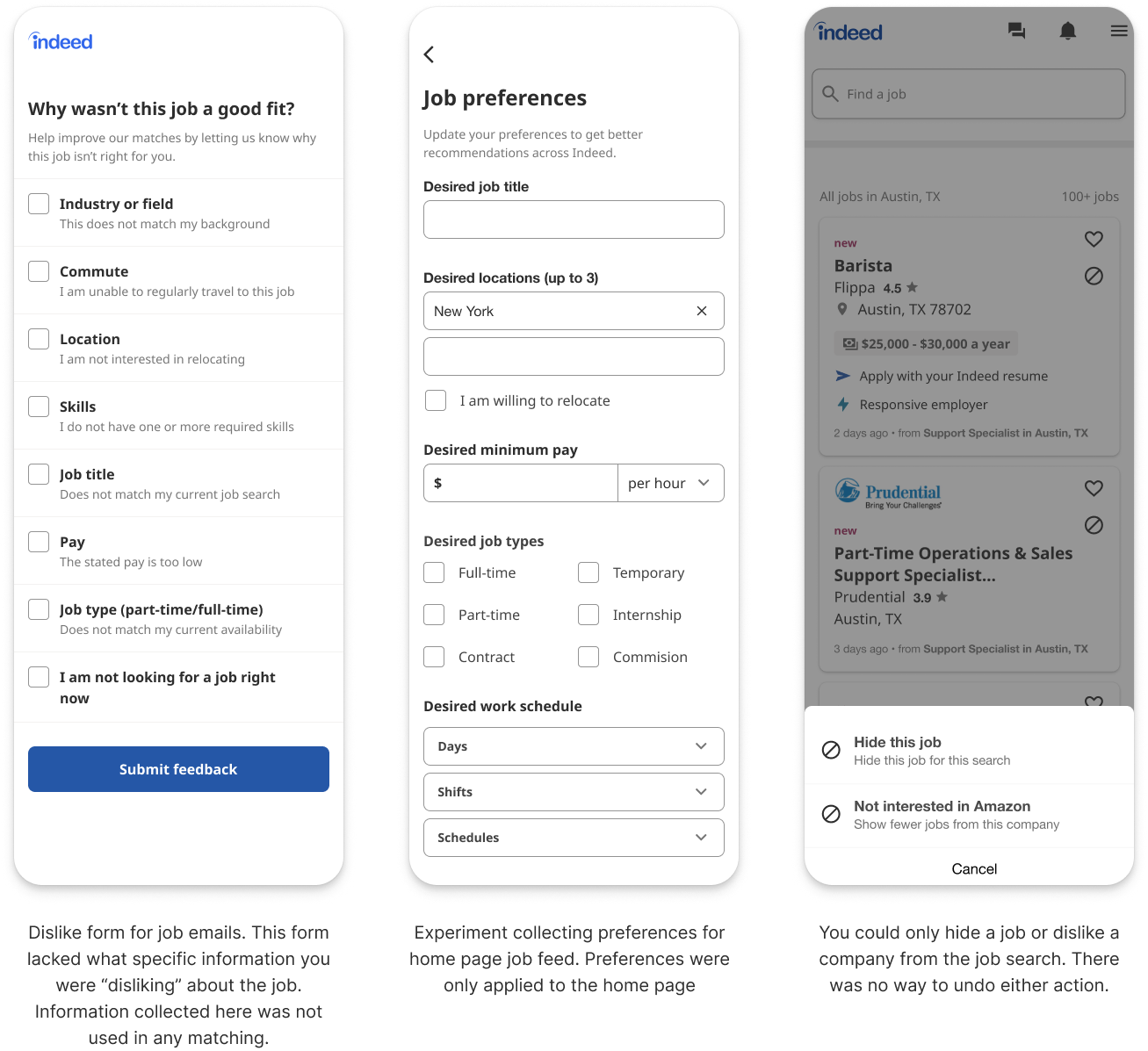 Screenshots of a job application and preference settings on a mobile device, showing forms for feedback, job preferences, and job search results in Austin, Texas.