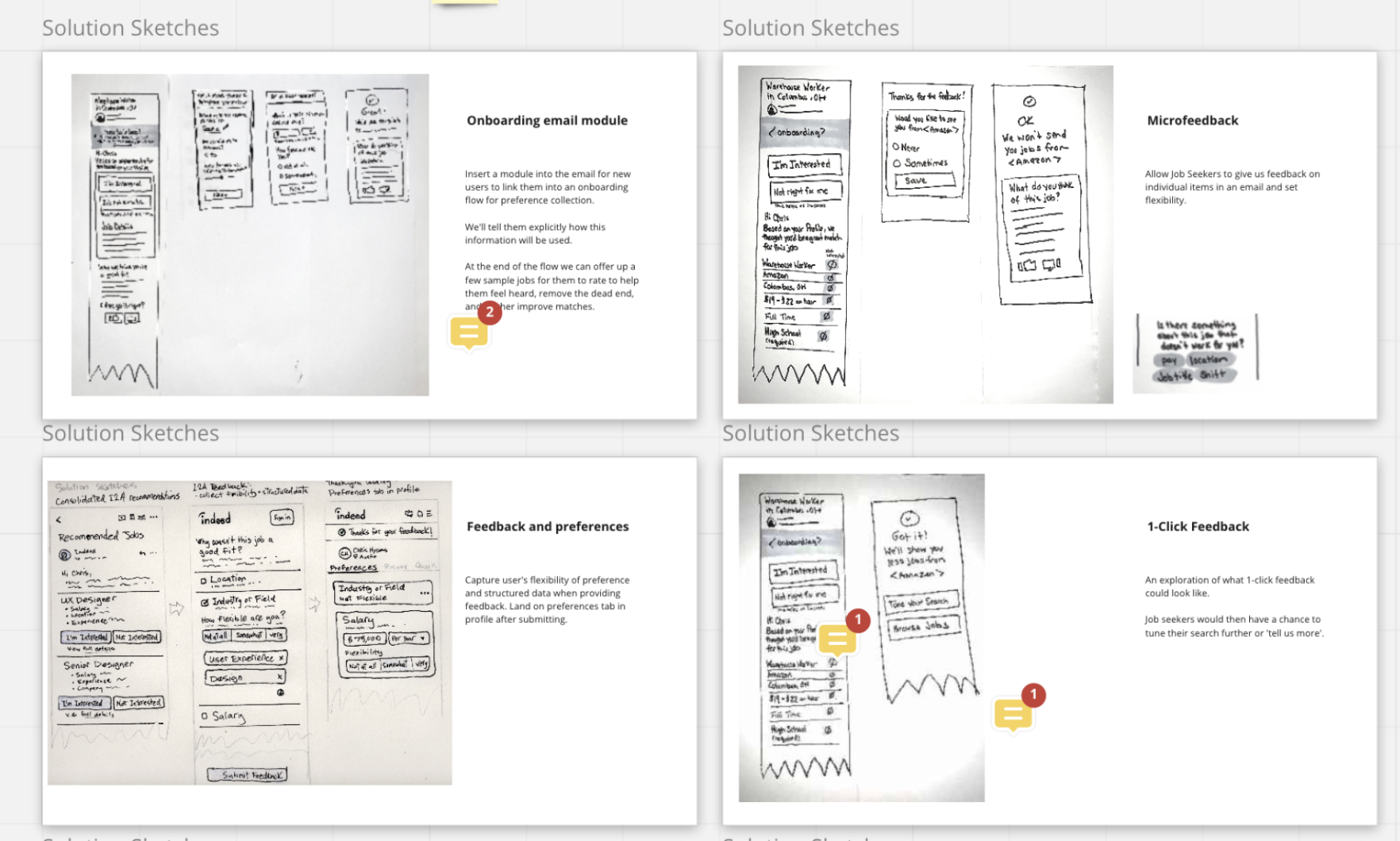 Multiple handwritten sketches of mobile app interfaces related to onboarding emails, feedback, and job search features, with annotations and notes.
