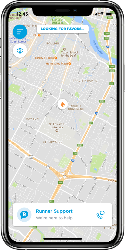 Map view on a smartphone showing a location with a fire icon and a Runner Support chat box at the bottom. The map includes streets, landmarks, and businesses like Texas School for the Deaf and St. Edward's University in Austin, Texas.
