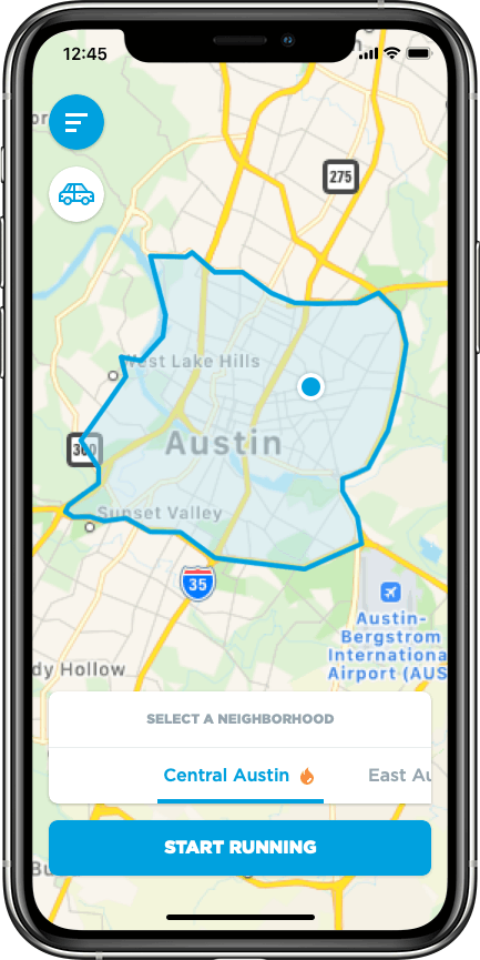 Map of Austin, Texas area on a smartphone screen showing neighborhood boundaries, with a highlighted region called Central Austin selected for running, and a 'Start Running' button at the bottom.