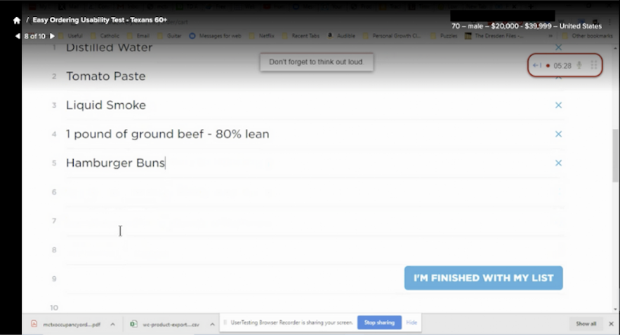 Screenshot of a web page titled 'Easy Ordering Usability Test - Texans 60+', showing a shopping list that includes distilled water, tomato paste, liquid smoke, ground beef, and hamburger buns. There is a countdown timer at 5 minutes and 28 seconds, and a blue button at the bottom right labeled 'I'M FINISHED WITH MY LIST'.