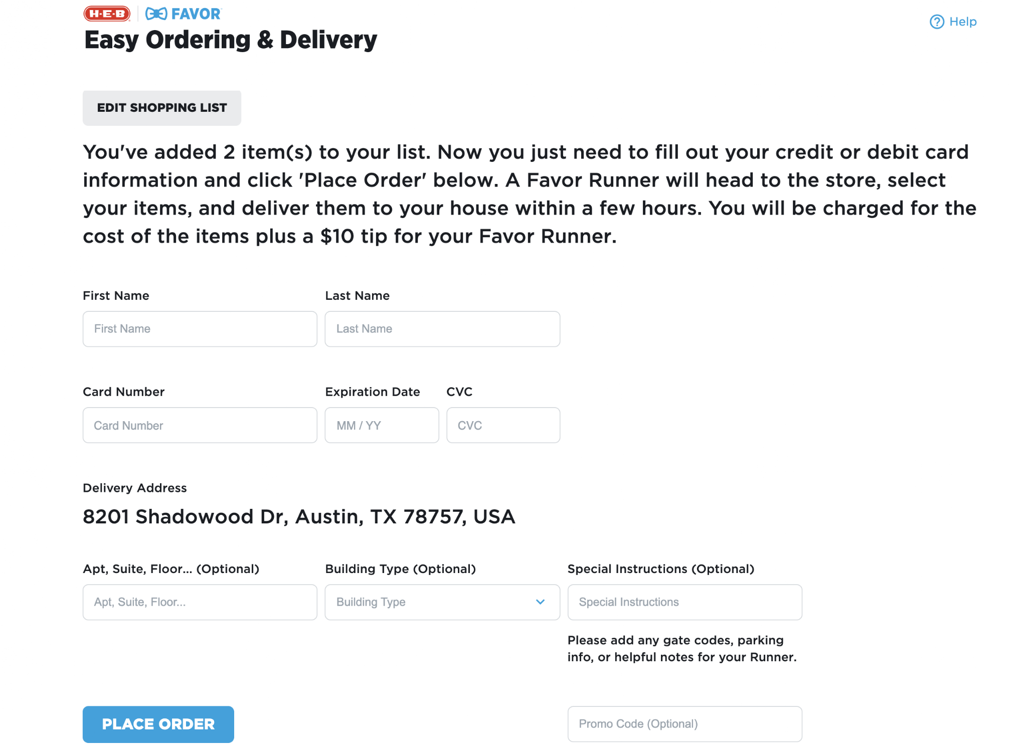 Screenshot of an online shopping form for HEB and Favor, showing an order being placed with fields for name, address, credit card information, and optional details, along with a blue 'PLACE ORDER' button.