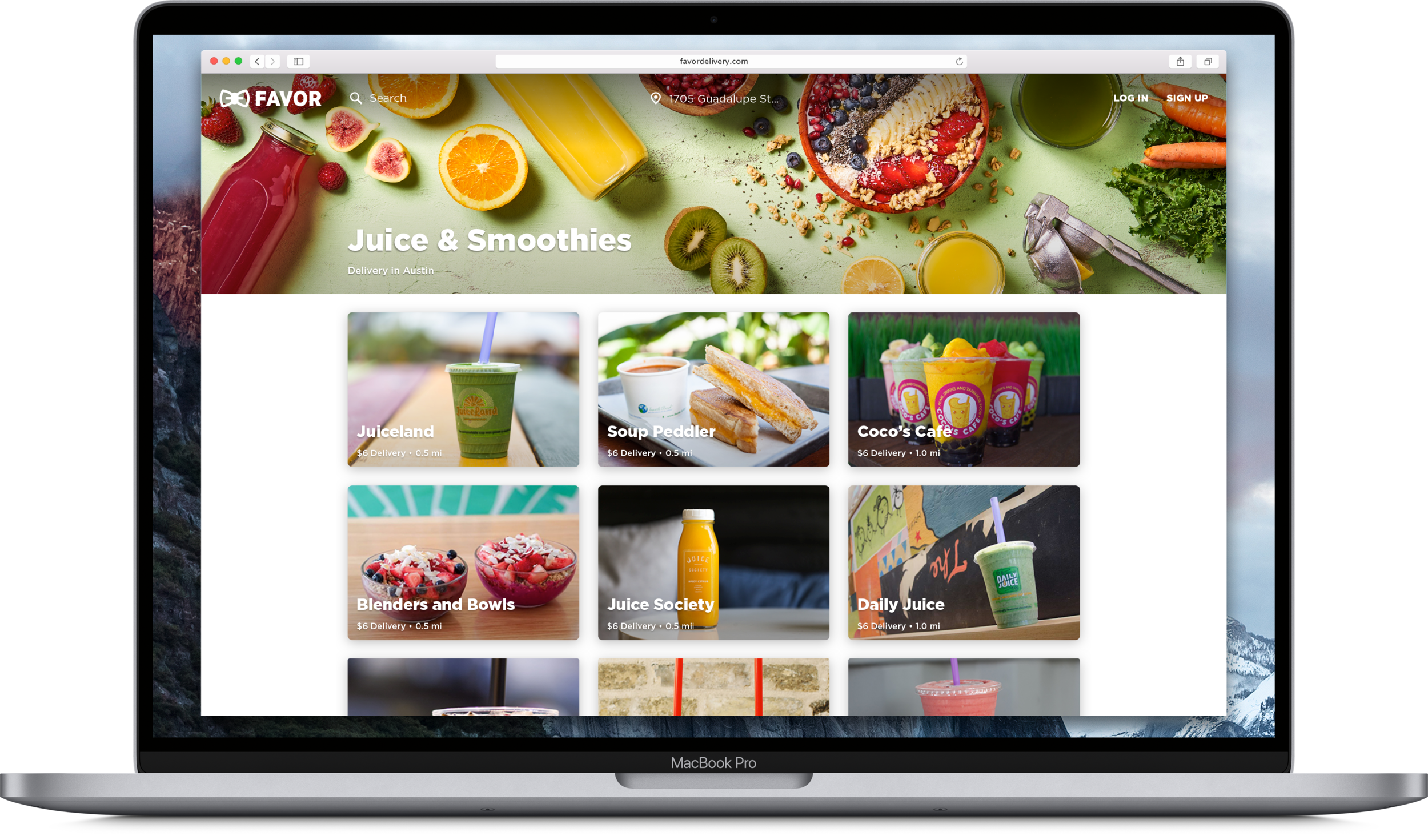 Screenshot of a website homepage for a juice and smoothies delivery service, featuring colorful images of fruits, juices, and smoothie options with text labels for different menu categories.