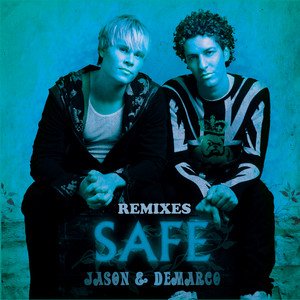 Two young men sitting together holding a vinyl record album titled 'Remixes Safe' by Jason & Demarco, with a blue-green background.