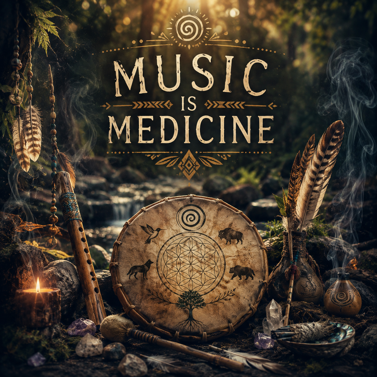 A forest scene with a drum decorated with animals and geometric symbols, surrounded by feathers, crystals, a candle, and other natural objects, with the quote 'Music is Medicine' overlayed.