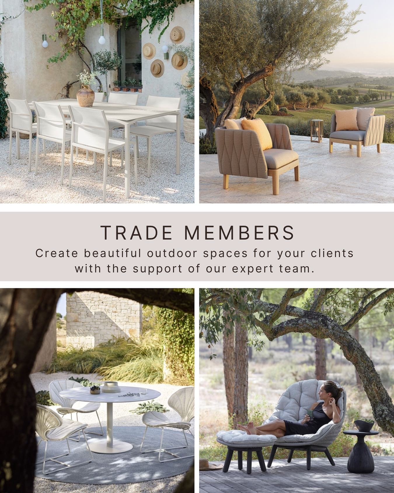 Join our trade program to access exclusive benefits and the support of our expert team.  White glove delivery to the Hamptons and beyond.  After-sales support including warranty claims and umbrella repairs.  Luxury outdoor furnishings in stock and re