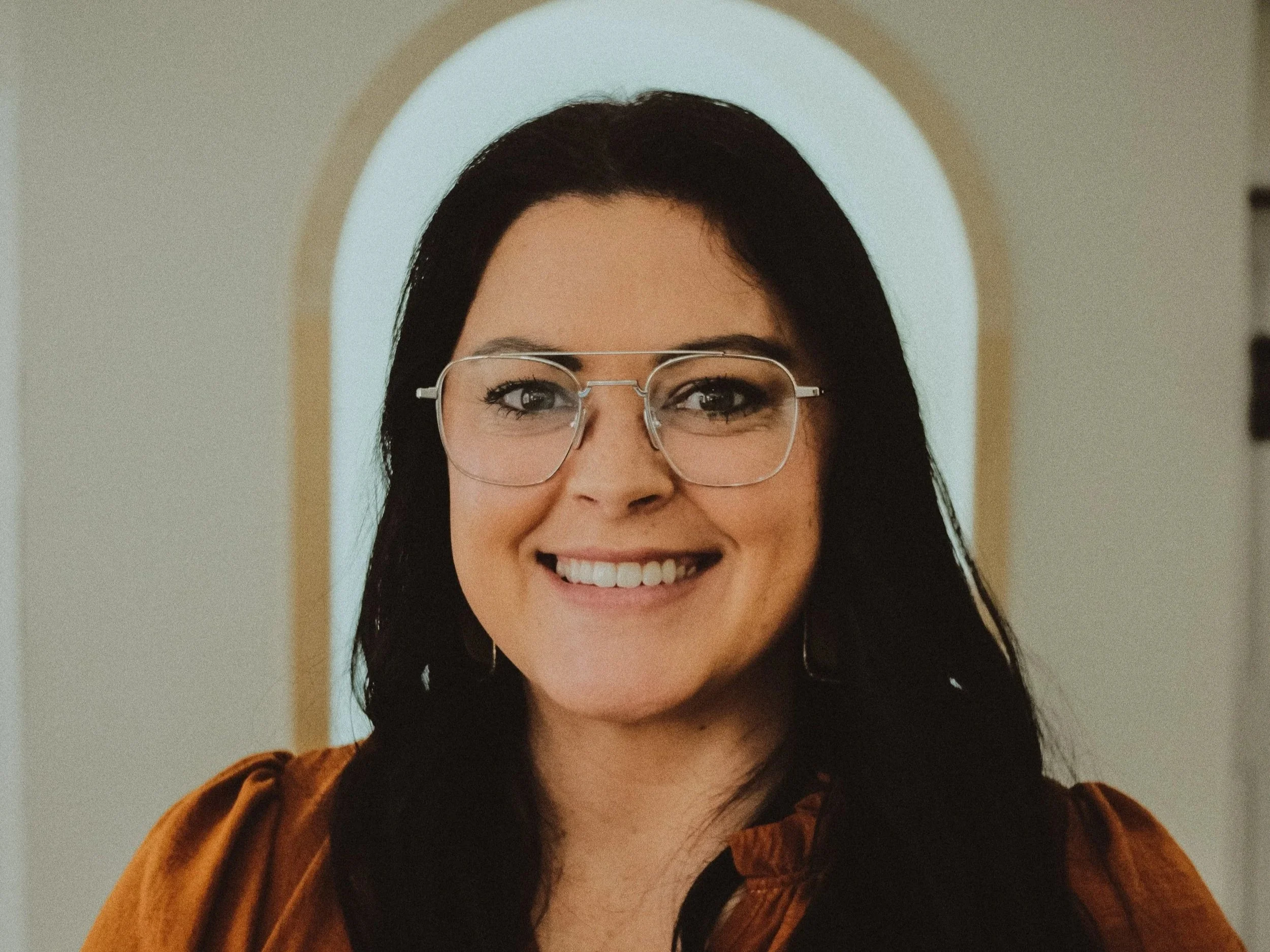 young woman in minimal style eyeglasses