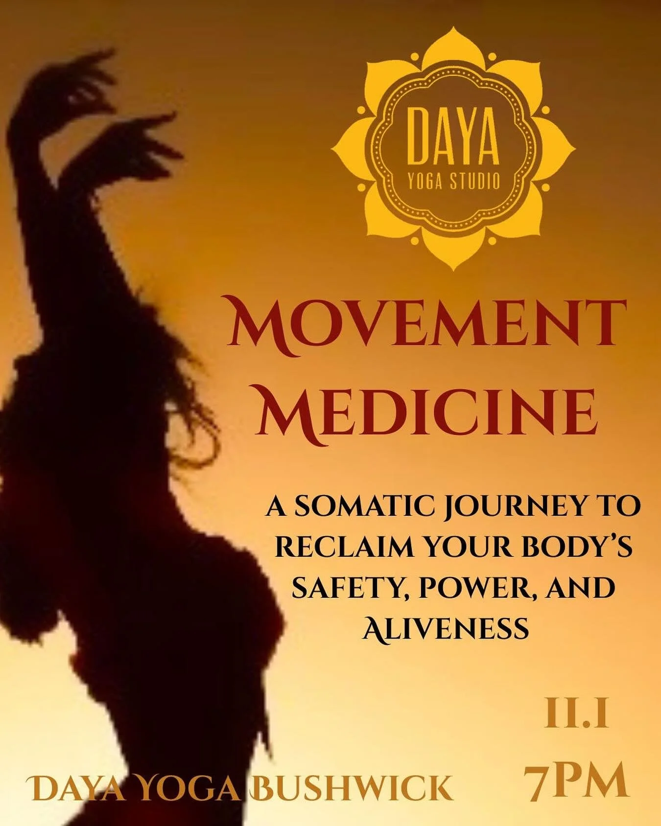 November 1st, take part in our somatic workshop, Movement Medicine, hosted by Mariposa 7-8pm at Daya Bushwick for $15! π This class leads you through somatic mindfulness exercises, guided visualization meditation, breath-work, vocal sounding, and in