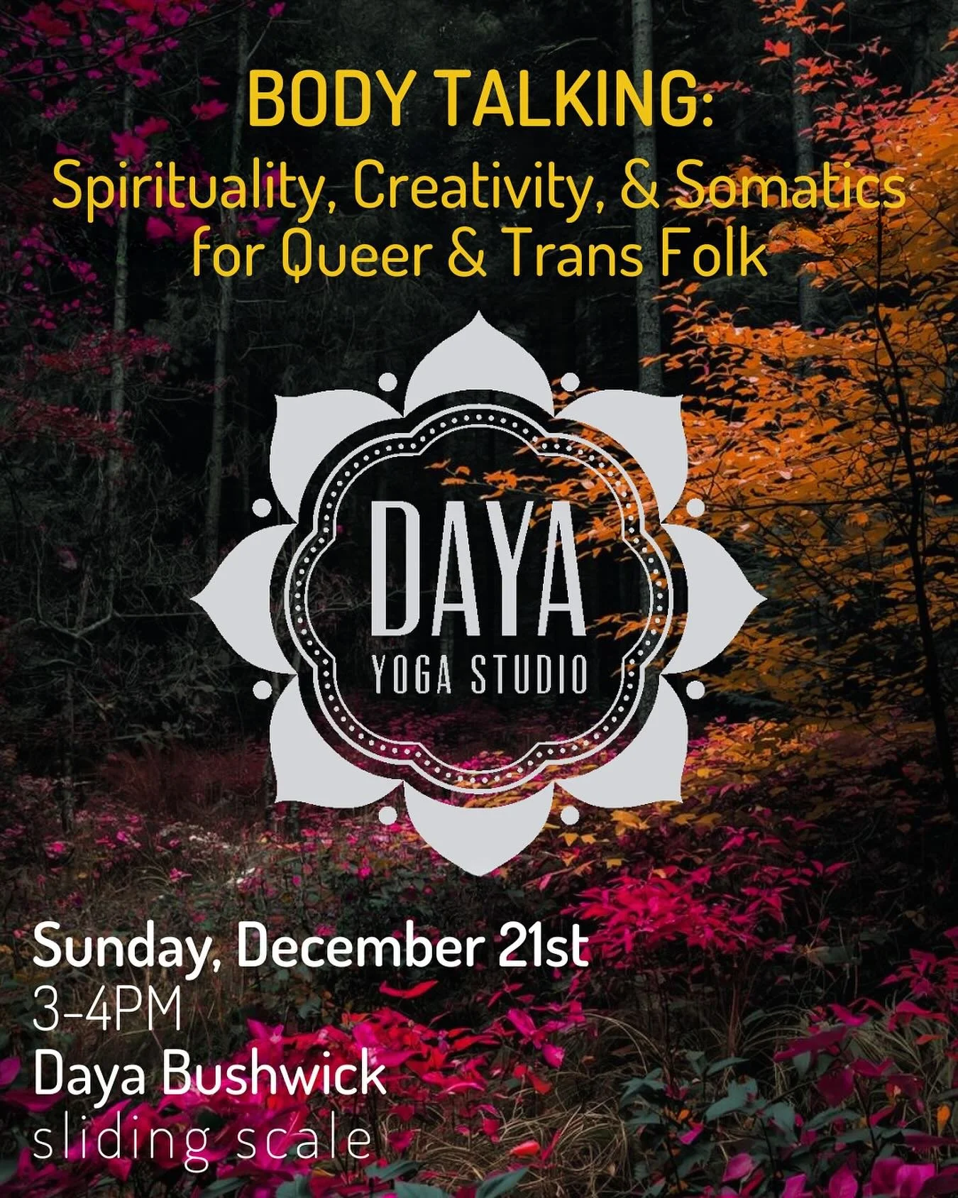 Body Talking: Spirituality, Creativity, and Somatics for Queer and Trans Folk

with Imani @blackbodyproductions 

Step into a poetic space of healing and self discovery 🌿✨
Body Talking weaves meditation, self Reiki, color work, writing, and drawing 