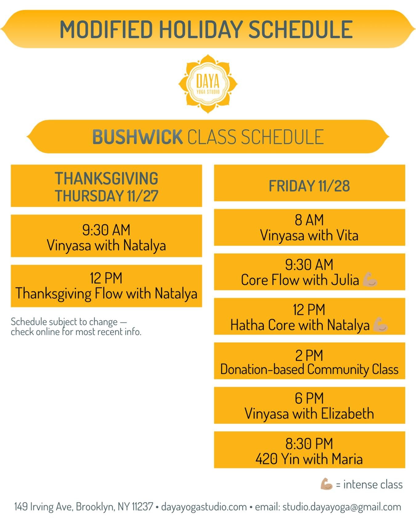 Our Thanksgiving schedule is a little cozier this week. Check out our modified holiday classes and join us for some grounding time at Daya. 🌟🍂🦃 #dayayogastudio