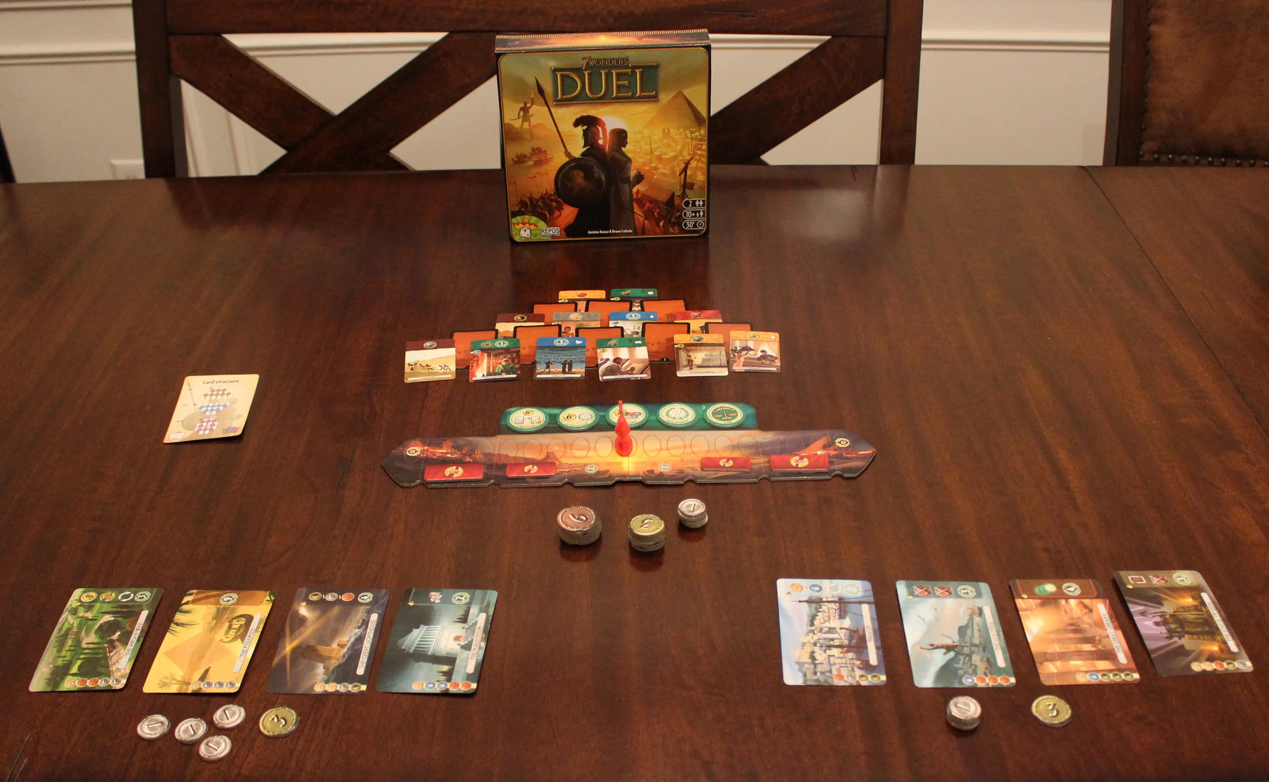 7 Wonders Duel all set up for the first round.