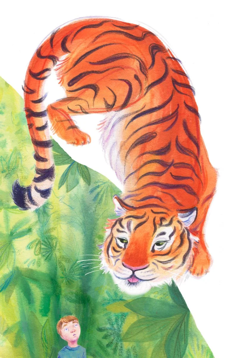 pastel children's book illustration of a boy and a tiger in the jungle