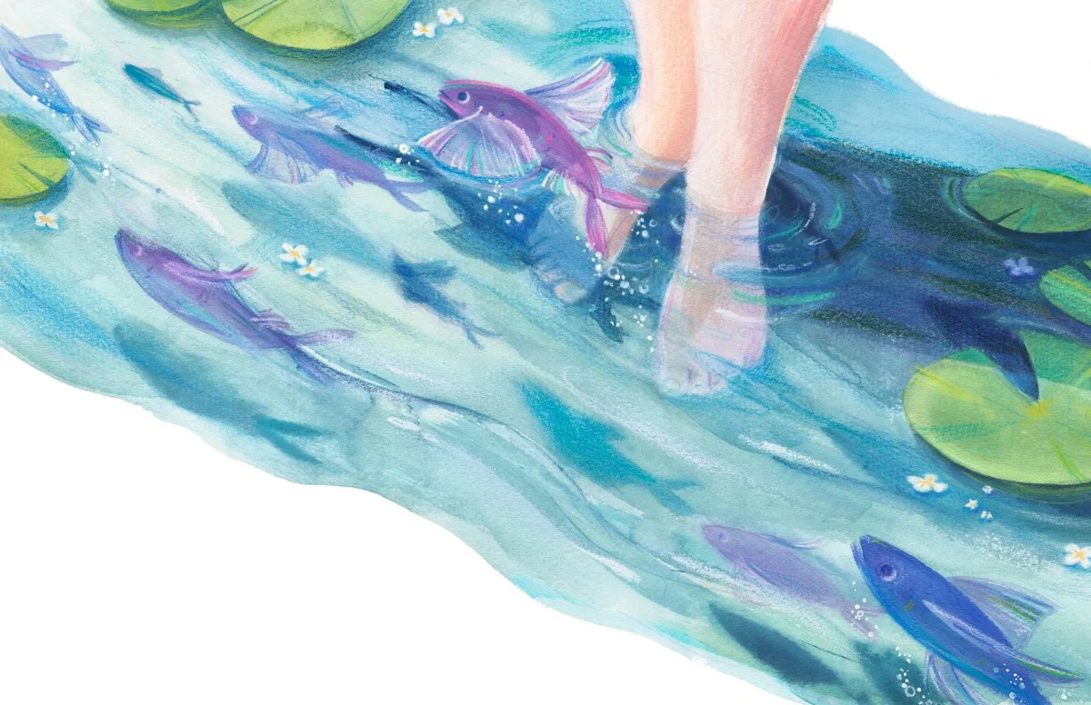 pastel watercolor children's book illustration of a boy standing in a sunny stream