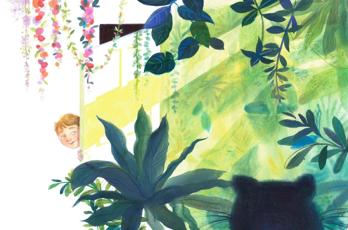 pastel watercolor children's book illustration of a boy in a sunlit garden