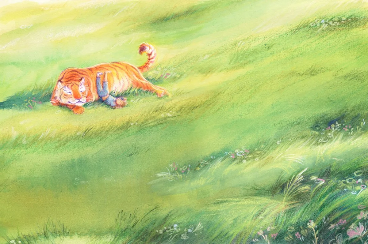 pastel watercolor children's book illustration of a boy and a tiger napping in a sunny field