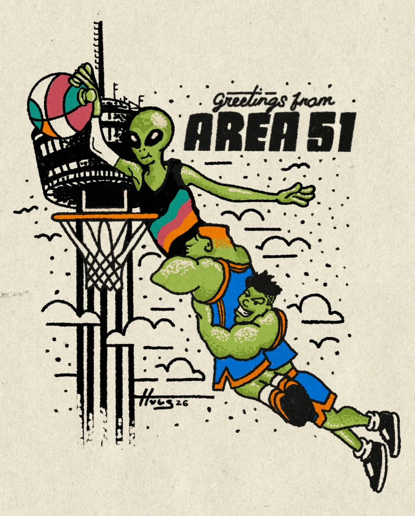GREETINGS FROM AREA 51 👽🏀

Third and final drop of this series. As always, no A.I. was used in the making of this art. Thank you all for the support and GSG 🎉

Link in bio or hulsdesign.com

#hulsdesign #fanart #spurs #okc #sanantonio
