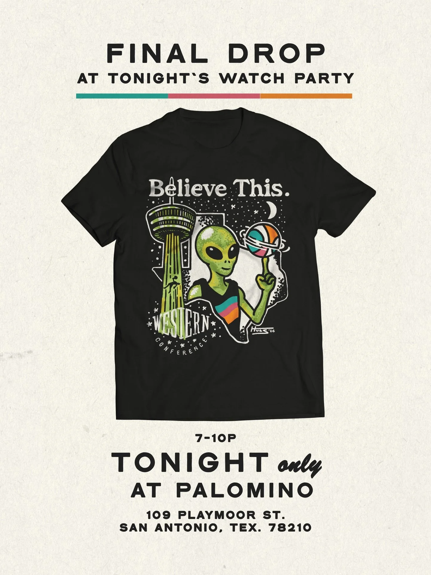 THE ENERGY IS IN THE AIR ✨👽✨

Final drop will be in-person, tonight only, from 7-10pm, @palomino_satx 🚨🚨🚨 

#sanantonio #spurs #hulsdesign