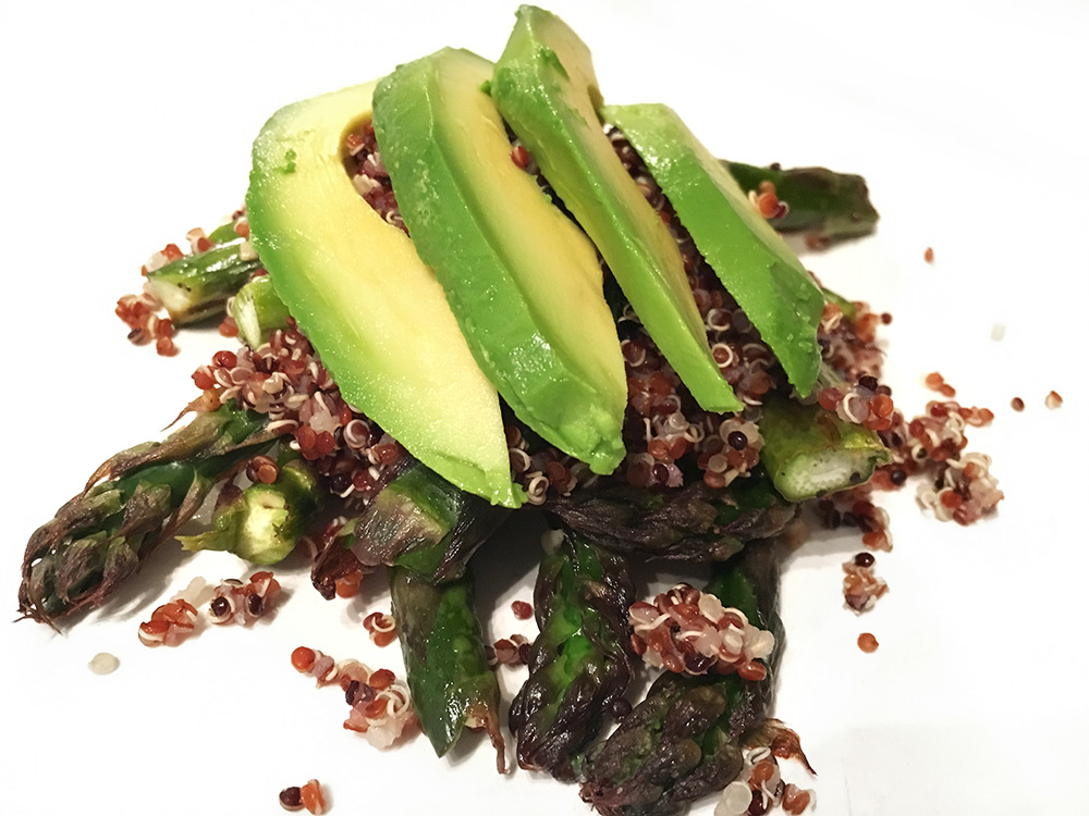 Baked Asparagus (recipe coming soon), Tri-Color Quinoa & Sliced Avocado. Serve as a side dish or add a grilled chicken breast for an amazing meal. 