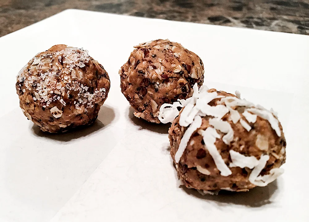 Sweet & Salty, Original, and Coconut topped protein bites. Bet you can't eat just one!