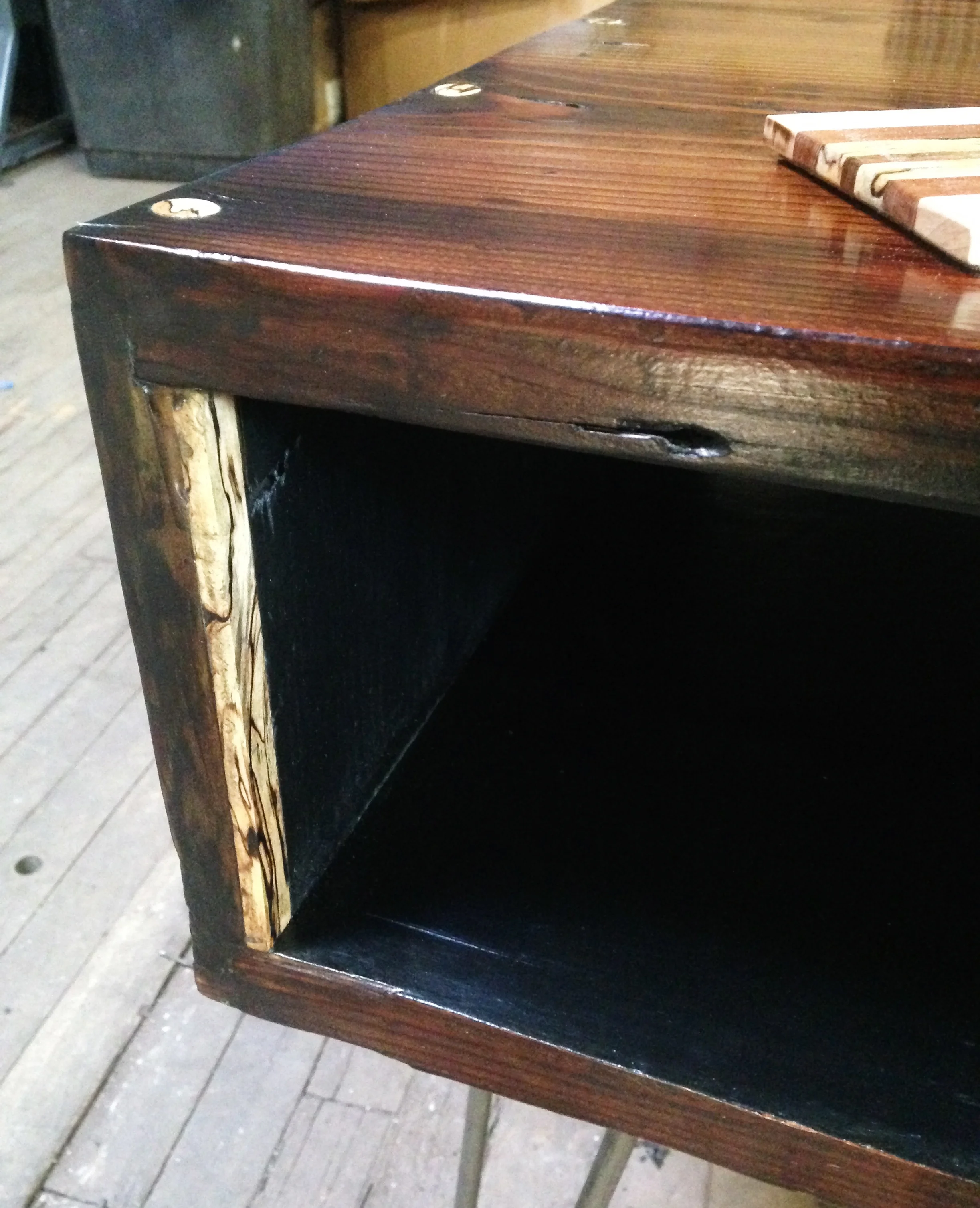 "Wrimer" Coffee Table Detail - 2 x 3' x 21" - Reclaimed Hemlock, Spalted Sycamore, Steel