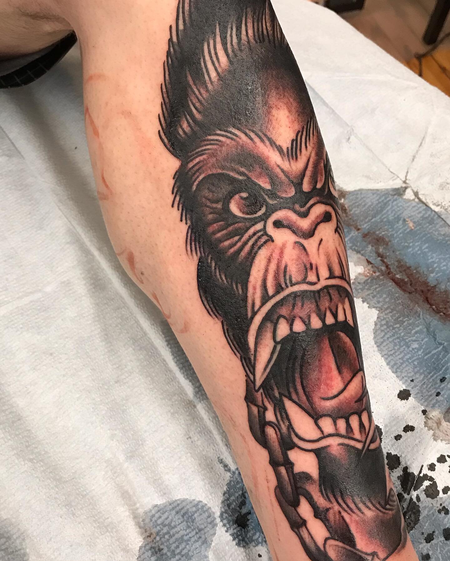 Awesome one shot gorilla, more to come on this bad boy. Thanks Joe! #threeriverstattoo #pittsburghtattooer #awwhellyeah #jasonmcgarrytattoos