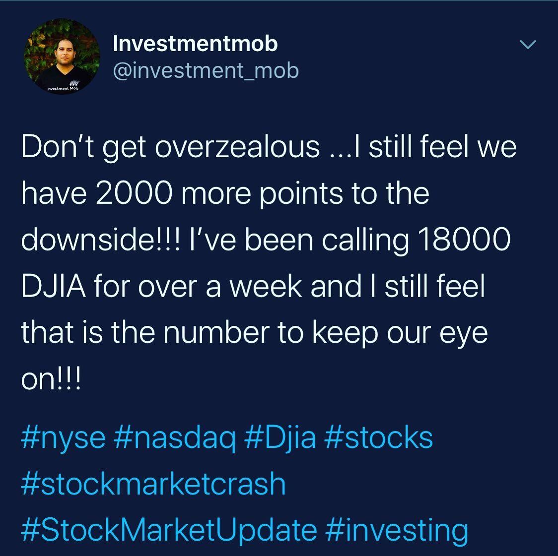 This is the time to start preparing what stocks you like for the long term!!! I still feel we have some downside while the market finds its trading range!!! Stay safe out there traders and I&rsquo;ll talk to you soon!!! .
.
.
#nyse #nasdaq #dow18000 