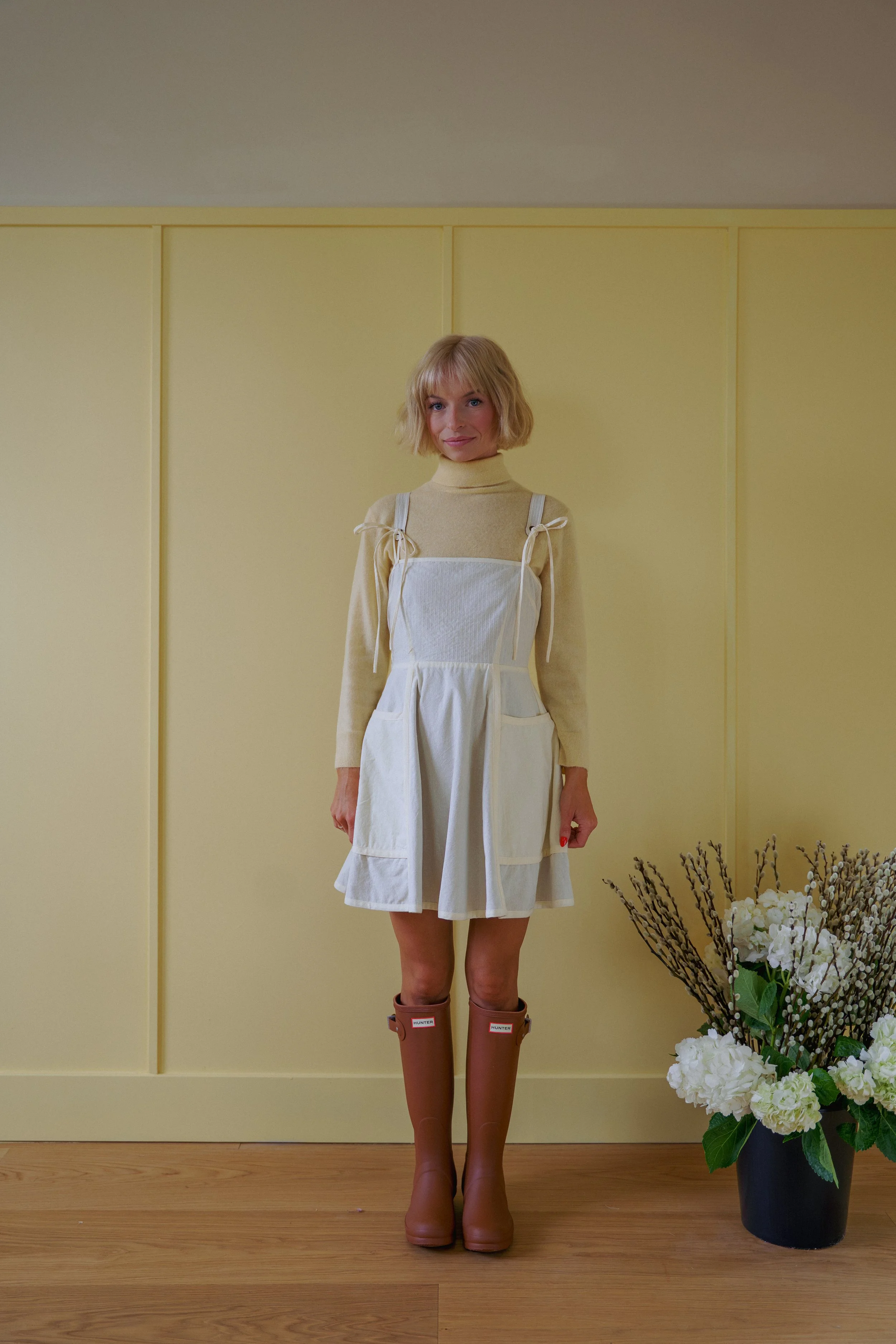The Jane Dress in Saddle Brown and Natural Off White Cotton exterior patch  pockets reversible straps  Alli Marye