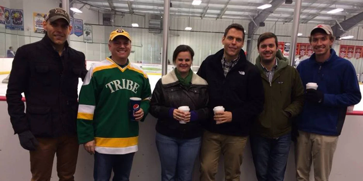 Tribe Hockey alums Pierce Blue ’06, Matt Levey ’13, Corey Miller ’08, Nathan Miller ’06, Amber Morris (daughter of former Coach Phil Morris), Judson Payne ’01, Will Payne ’01, and Jeff Stern ’92 joined the team for an authentic Italian dinner compliments of Janice Fielder’s The Roving Italian food truck. (pictured l to r: J. Payne, Stern, Morris, W. Payne, N. Miller, and C. Miller)