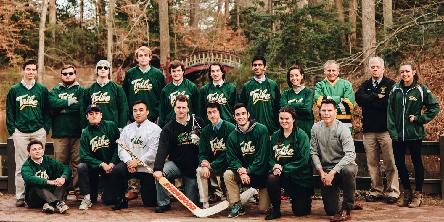2016-2017 team in front of Crim Dell on February 4, 2017. Thanks for former player Brian Molloy (third from right in back) for joining us.