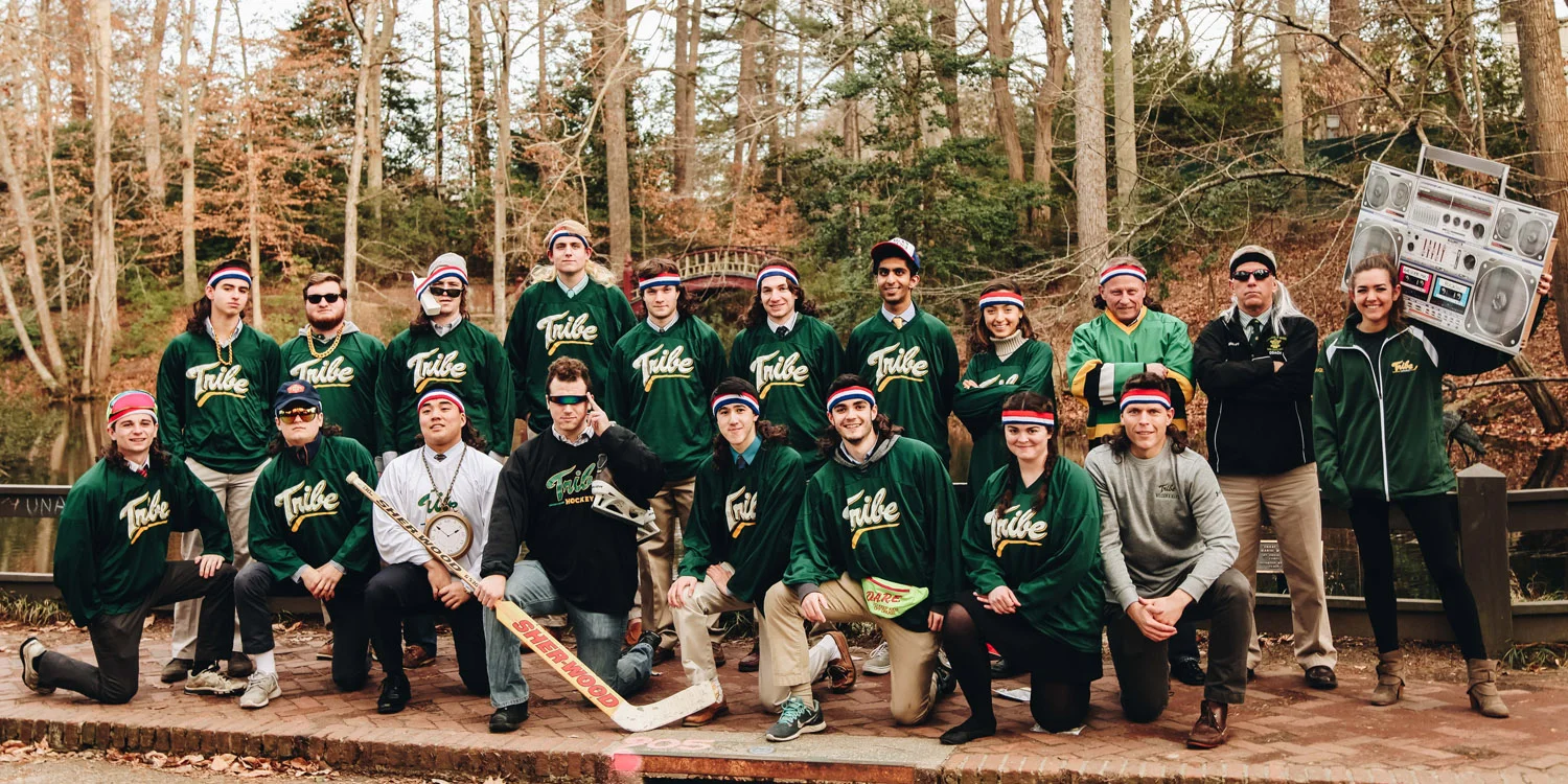 2016-2017 team in front of Crim Dell on February 4, 2017 - in appropriate 80s attire.