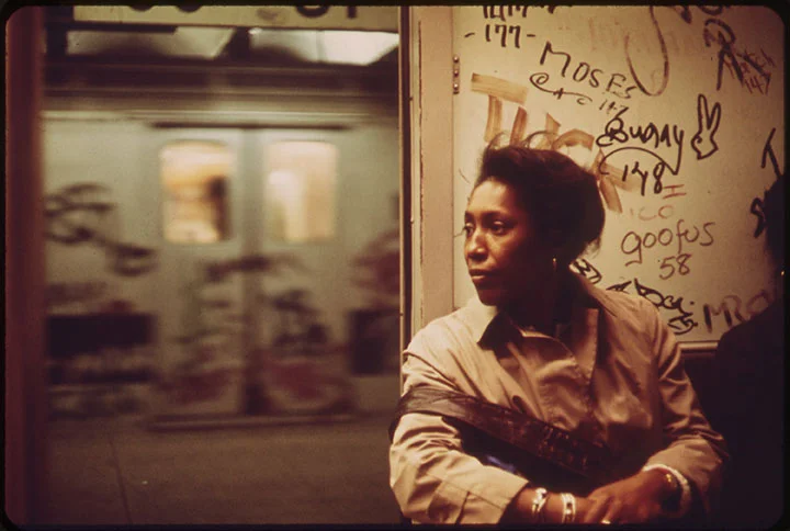Caption: Interior of graffiti marked subway car. Photographer: Erik Calonius Date Created: 1973 May
