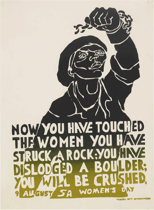 You Have Struck a Rock poster, Judy Seidman, Medu Art Ensemble, Botswana, 1981 The apartheid in South Africa was a period of systematic, often violent, institutional racial segregation from 1948 until the early 1990's. Apartheid policies were a combination of the segregation of public facilities and social events, as well as the control of housing and employment opportunities based on race. Apartheid was met with significant domestic and international opposition, igniting one of the most influential social movements of the twentieth century. Arms and trade embargos, global condemnation, and the strong organization of the domestic anti-apartheid movement (African National Congress) finally brought an end to segregation through bilateral negotiations.