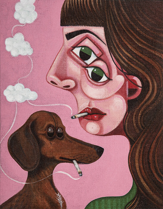  Smoking (Woman &amp; Dog / Pink), 2021   Acrylic on linen over panel   16 x 12 1/2 inches 