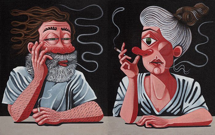  What a Long Strange Trip it's Been (Him &amp; Her), 2021   Acrylic on linen over panel   30 x 24 inches (Him) 30 x 24 inches (Her) 