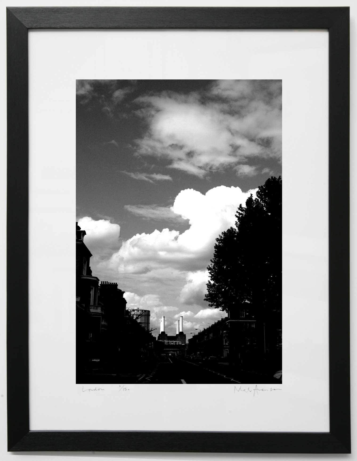 Black and white print of Battersea Power Station in summer, London