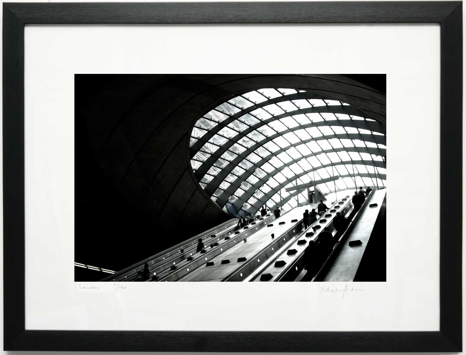 Black and white print of Canary Wharf Station, London