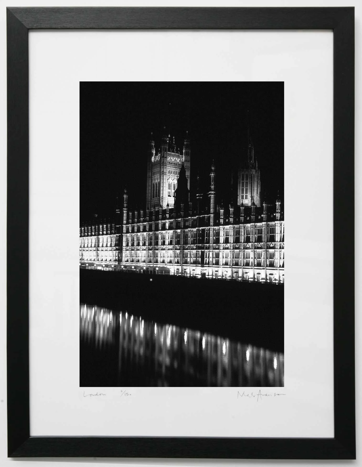 Black and white print of Houses of Parliament at night