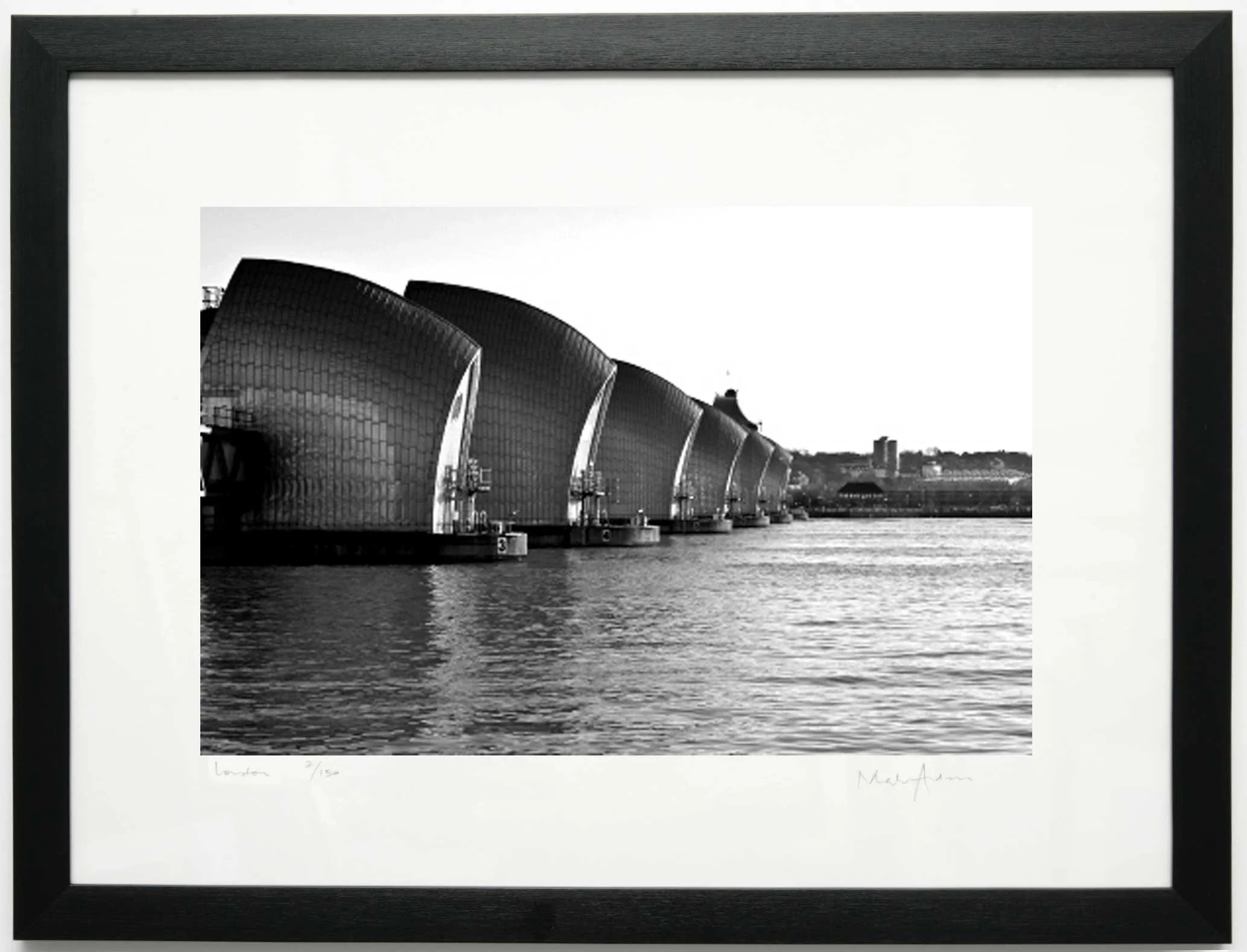 Black and white print of Thames Barrier, London